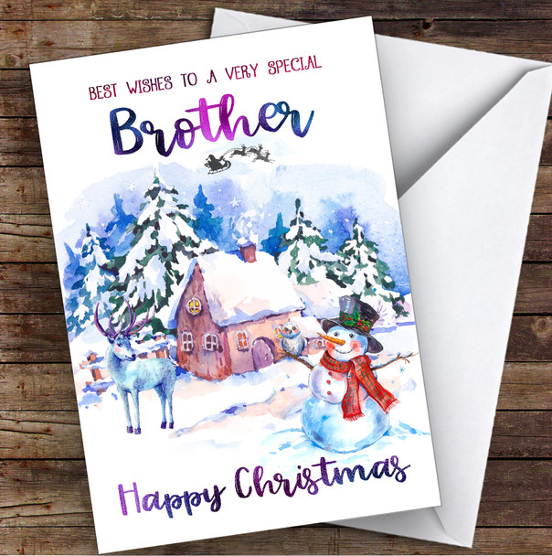 Watercolour Snowman Special Brother Personalised Christmas Card