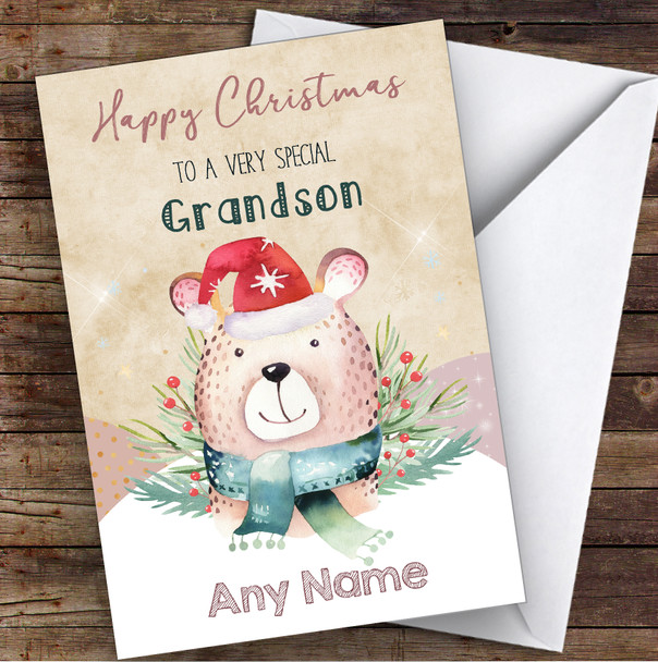 Watercolour Bear Special Grandson Personalised Christmas Card