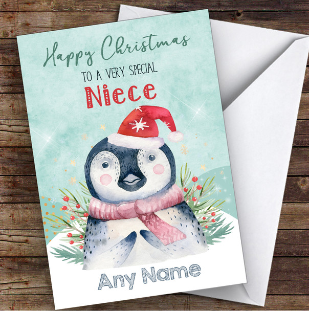 Watercolour Penguin Special Niece Personalised Christmas Card
