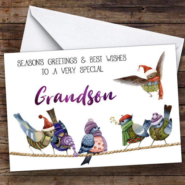 Cute Birds Very Special Grandson Personalised Christmas Card