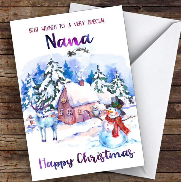 Watercolour Snowman Special Nana Personalised Christmas Card