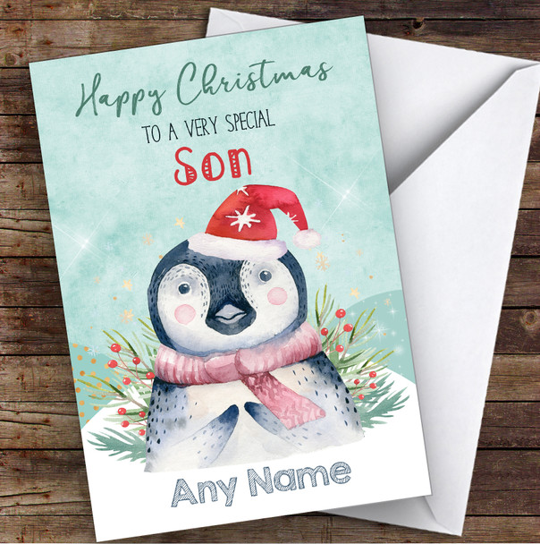 Watercolour Penguin Special Son Personalised Christmas Card