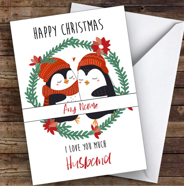 Cuddling Penguins Cute Husband Personalised Christmas Card