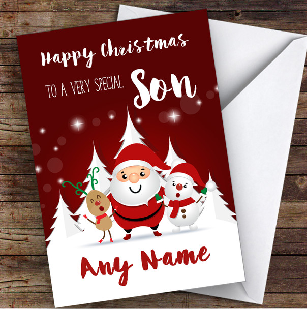 Red Santa Snowman Special Son Personalised Christmas Card