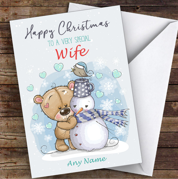 Bear & Snowman Romantic Wife Personalised Christmas Card