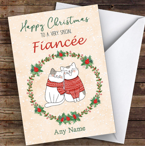 Cute Cats Romantic Fiancée Personalised Christmas Card