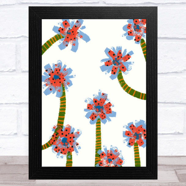 Hand Drawn Abstract Flowers Pink Blue Wall Art Print