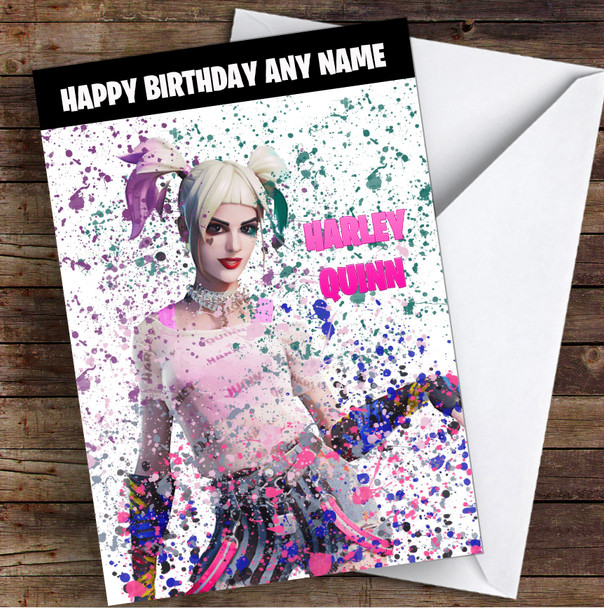 Splatter Art Gaming Fortnite Harley Quinn Kid's Children's Personalised Birthday Card