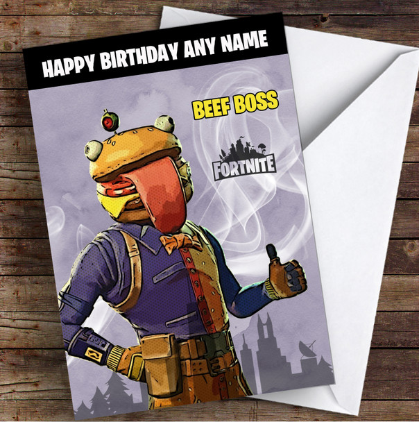 Beef Boss Gaming Comic Style Kids Fortnite Skin Children's Personalised Birthday Card