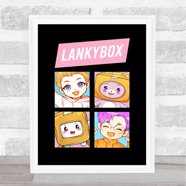 Lankybox Justin Adam Boxy and Foxy Black Children's Kids Wall Art Print