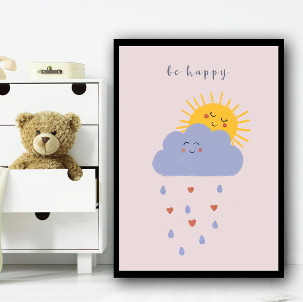 Be Happy Sunshine Clouds Dusky Pink Children's Kids Wall Art Print