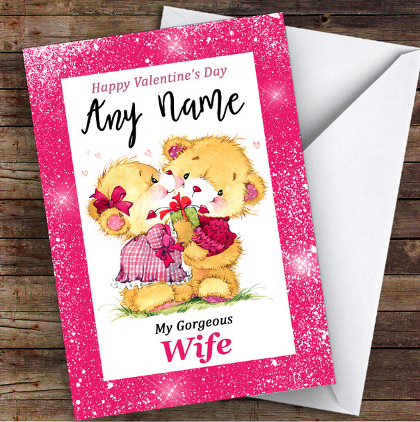 Pink Border Cuddling Bears Wife Personalised Valentine's Day Card