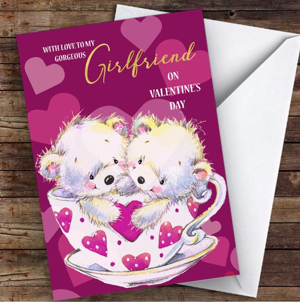 Purple Bears In Cup Girlfriend Personalised Valentine's Day Card