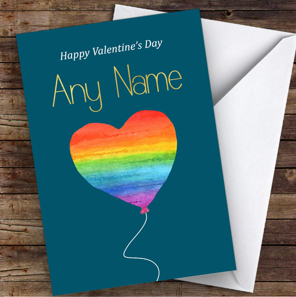 Rainbow Pride Balloon On Teal Personalised Valentine's Day Card