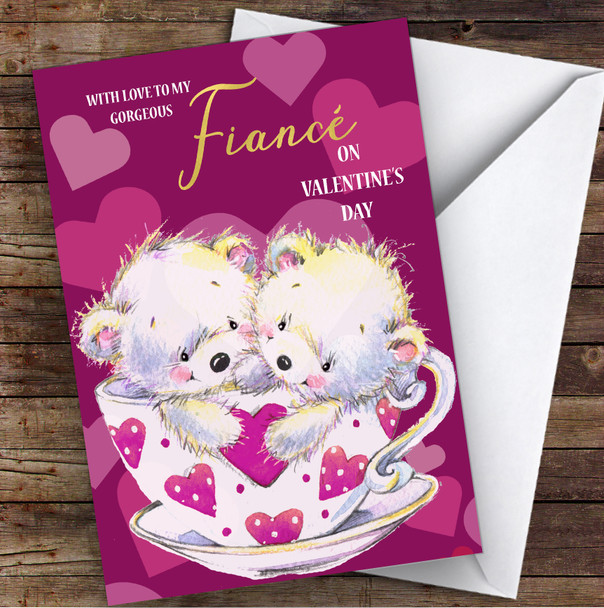 Purple Bears In Cup Fiancé Personalised Valentine's Day Card