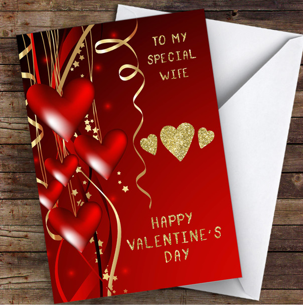 Red Gold Hearts Wife Personalised Valentine's Day Card