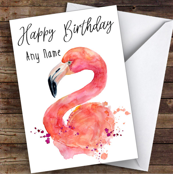 Watercolour Splash Flamingo Personalised Birthday Greetings Card