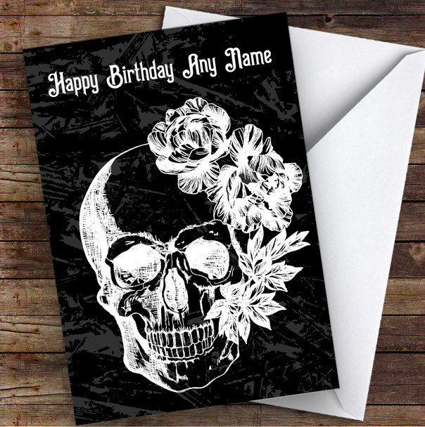 Black & White Skull Flowers Gothic Personalised Birthday Card