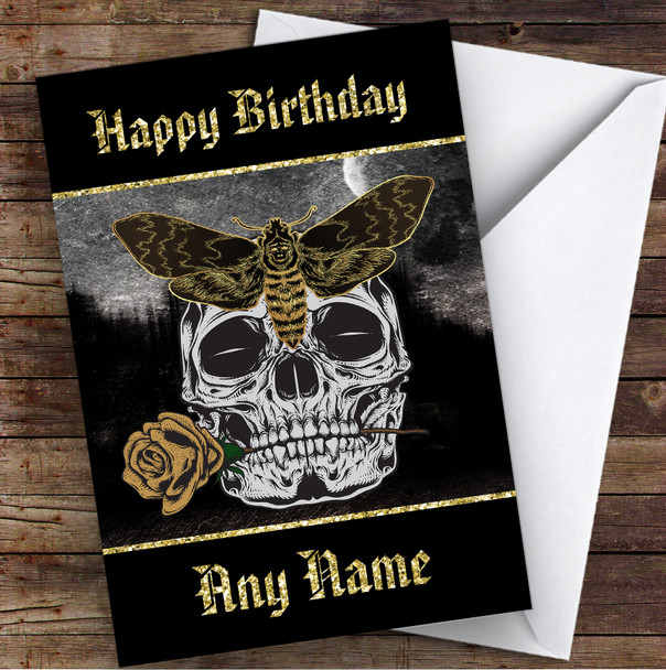 Moth On Skull Holding Rose Gothic Personalised Birthday Card