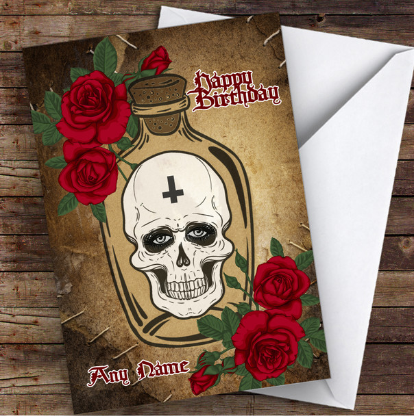 Skull In Jar Red Flowers Gothic Personalised Birthday Card