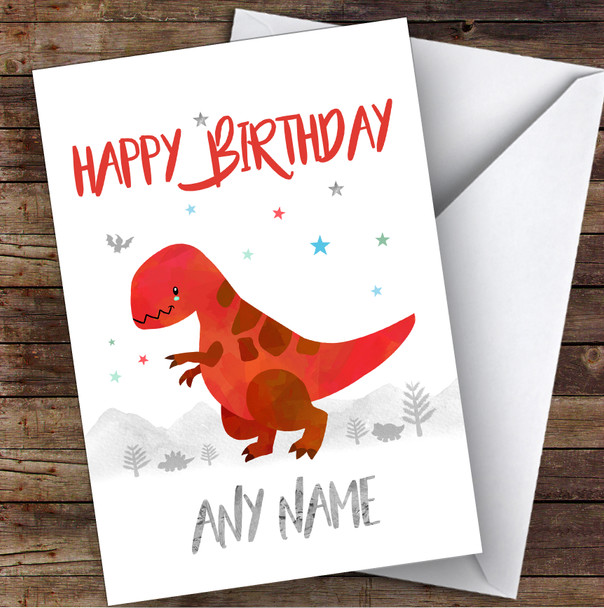 Kid's Red Dinosaur Watercolour Children's Kids Personalised Birthday Card