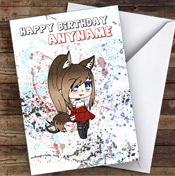 Gatcha Life Looking Foxy Splatter Art Children's Kids Personalised Birthday Card