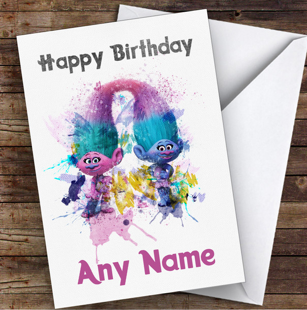 Trolls Colourful Watercolour Splatter Children's Kids Personalised Birthday Card