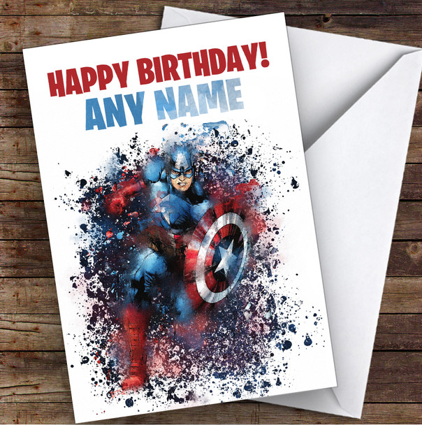Captain America Watercolour Splatter Children's Kids Personalised Birthday Card