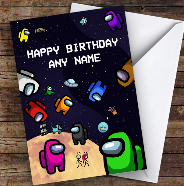 Among Us Characters & Pets In Space Children's Kids Personalised Birthday Card