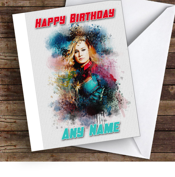 Captain Marvel Watercolour Splatter Children's Kids Personalised Birthday Card