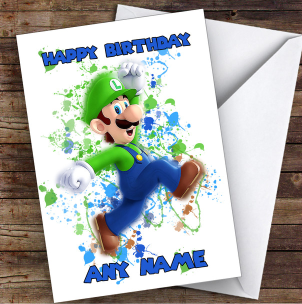 Luigi Super Mario Bros Splatter Art Children's Kids Personalised Birthday Card