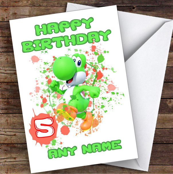 Yoshi Super Mario Bros Splatter Art Children's Kids Personalised Birthday Card