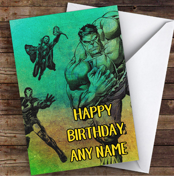 Hulk, Iron Man, Thor Grungle Style Children's Kids Personalised Birthday Card