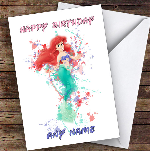 Mermaid Ariel Disney Splatter Art Children's Kids Personalised Birthday Card