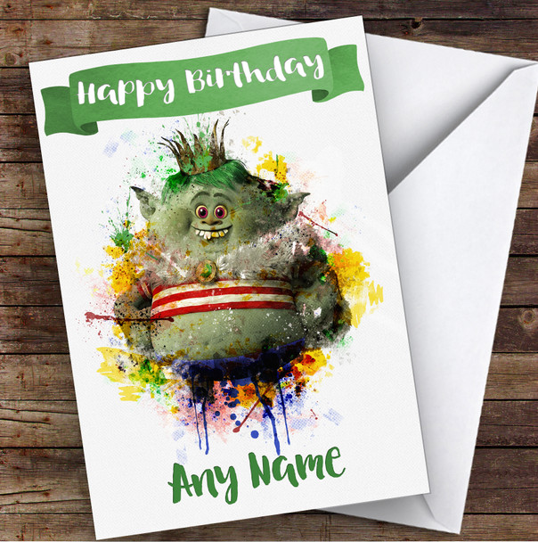 Trolls Green Watercolour Splatter Children's Kids Personalised Birthday Card
