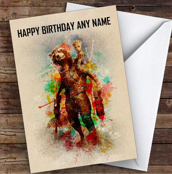Rocket Raccoon And Groot Vintage Children's Kids Personalised Birthday Card