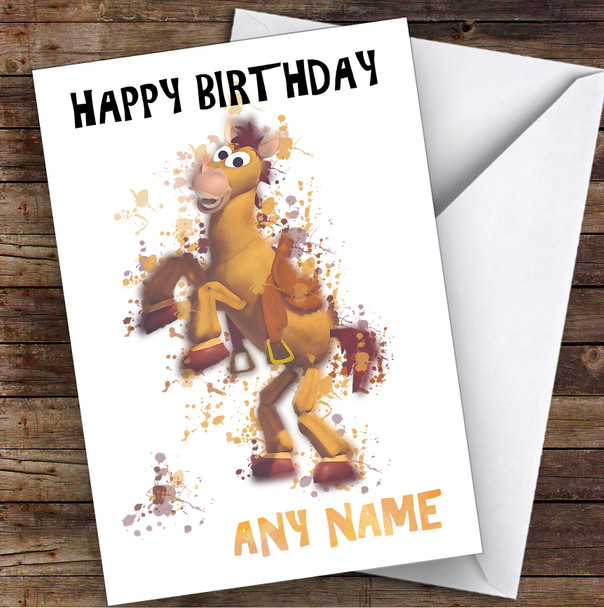 Bullseye Toy Story Splatter Art Children's Kids Personalised Birthday Card