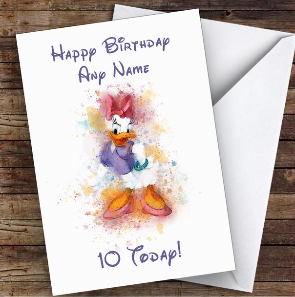 Daisy Duck Watercolour Splatter Children's Kids Personalised Birthday Card