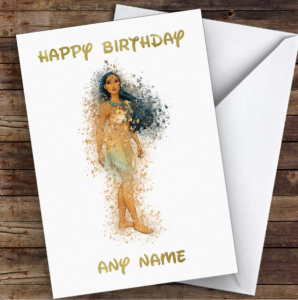 Pocahontas Watercolour Splatter Children's Kids Personalised Birthday Card