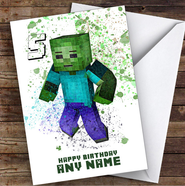 Minecraft Zombie Splatter Art Children's Kids Personalised Birthday Card