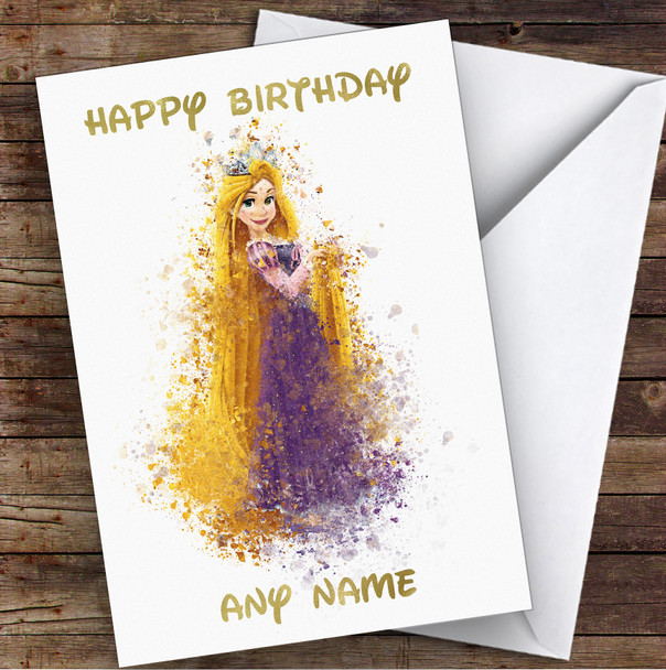 Rapunzel Watercolour Splatter Children's Kids Personalised Birthday Card