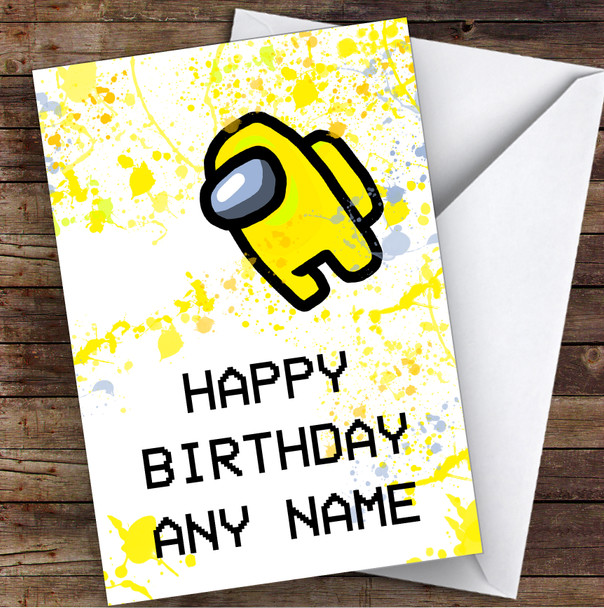 Among Us Yellow Splatter Art Children's Kids Personalised Birthday Card