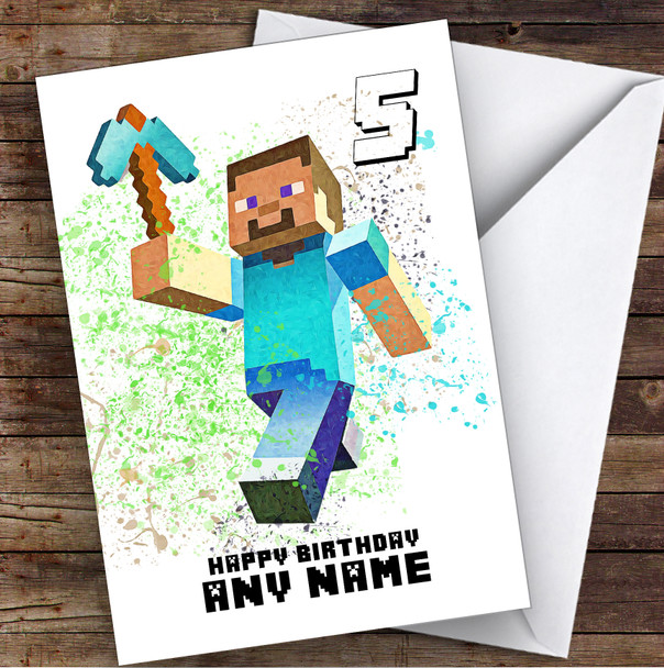 Minecraft Steve Splatter Art Children's Kids Personalised Birthday Card