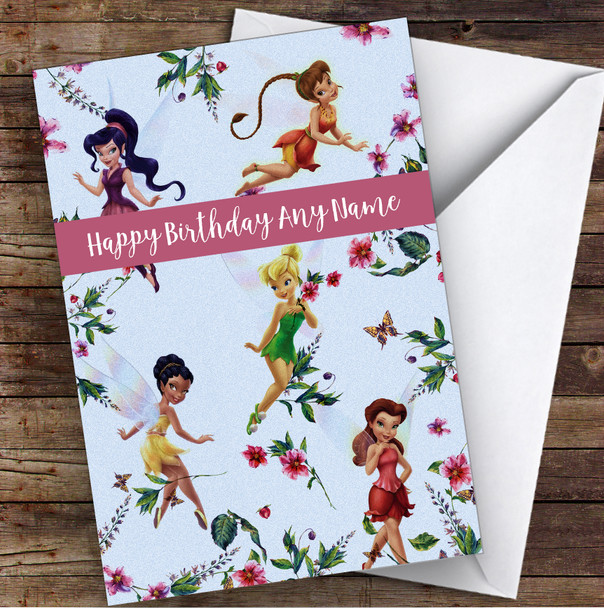 Tinker Bell And Fairies Blue Children's Kids Personalised Birthday Card
