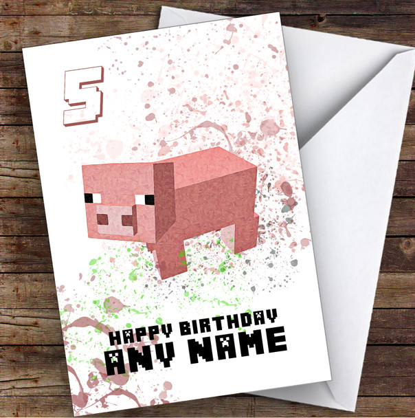 Minecraft Pig Splatter Art Children's Kids Personalised Birthday Card