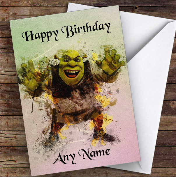 Shrek Watercolour Splatter Children's Kids Personalised Birthday Card