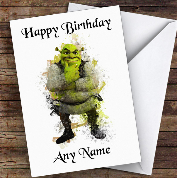 Watercolour Splatter Shrek Children's Kids Personalised Birthday Card