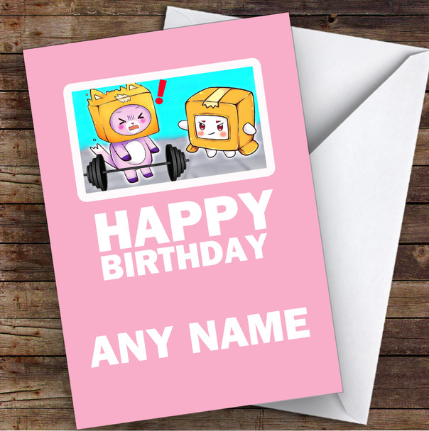 Lankybox Boxy and Foxy Pink Children's Kids Personalised Birthday Card