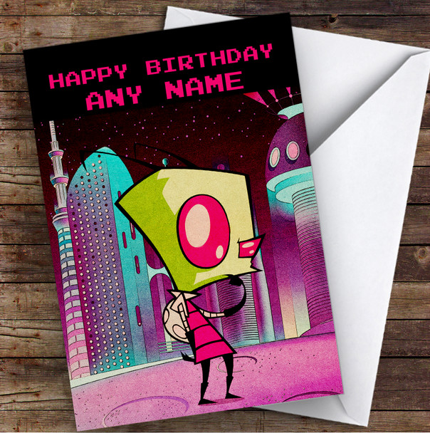 Invader Zim Pink Children's Kids Personalised Birthday Card