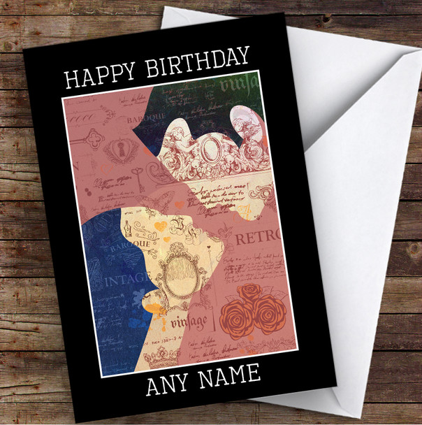Kissing Couple Floral Vintage Abstract Romantic Personalised Birthday Card